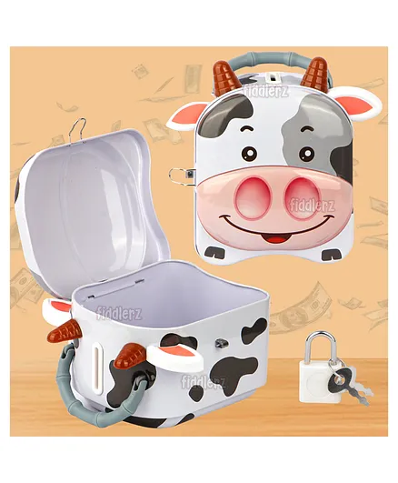 Fiddlerz Money Bank for Kids Piggy Bank Metal Body Money Saving Coin Bank for Kids Girls Boys with Lock N Key Secure Money Coin Bank Best Return Gift Cow - White