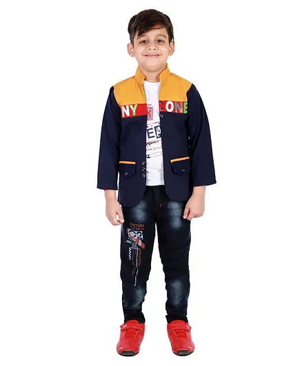 Fourfolds Full Sleeves Colour Blocked Jacket With Printed Tee & Jeans Set - Navy Blue