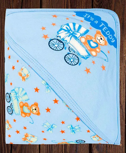 Mittenbooty Baby Hooded  Wrapper Single Ply  Teddy Print-Blue