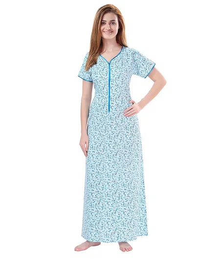 Piu Half Sleeves All Over Floral Printed Nursing & Maternity Nighty - Blue