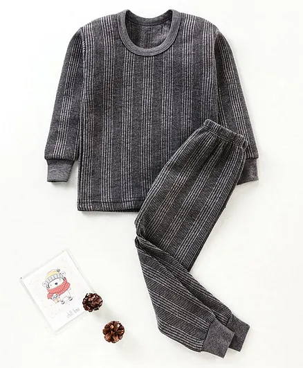 Tiny Bugs Full Sleeves Striped Self Design Thermal Set - Brown
