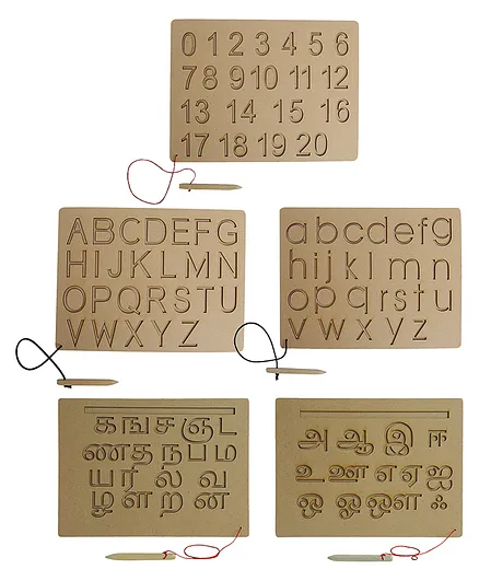 Mindmaker Wooden Tracing Slate Writing Practice Board with Dummy Pencil Set of 5 Board Capital Alphabets Small Alphabets Numbers Tamil Vowel & Consonants - Brown