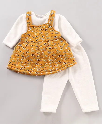 Mom's pet Full Sleeves Solid Top With Checked Self Design Polka Dots Foil Printed Quilted Dress & Leggings Set - Yellow