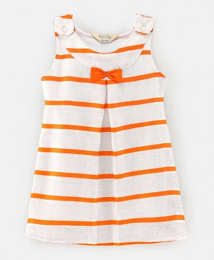 Bonfino Sleeveless Dress With Bow Applique Stripes Print- Orange