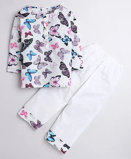 Polka Tots Full Sleeves Butterfly Print Kurta Pyjama Night Suit - White