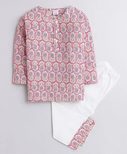 Polka Tots Full Sleeves Pineapple Print Kurta Pyjama Night Suit - Pink