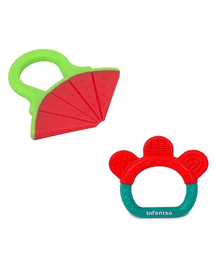 Infantso Non-Toxic Food-Grade Silicone Baby Teether BPA-Free for Pain-Relief Easy Teething  Watermelon & Green Ring  Pack of 2 - Green Red