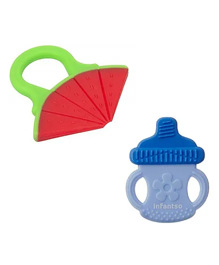 Infantso Non-Toxic Food-Grade Silicone Baby Teether BPA-Free for Pain-Relief Easy Teething  Watermelon &  Blue Bottle Pack of 2 - Red Blue