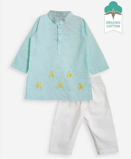 Keebee Slub Organic Cotton Full Sleeves Butterfly Embroidered & Dobby Detail Kurta With Solid Pajama Set - Aqua Blue & White
