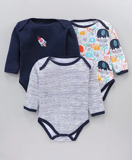 BUMZEE Pack Of 3 Full Sleeves Abstract Lines Elephant And Rocket Printed Onesies - Navy Blue White