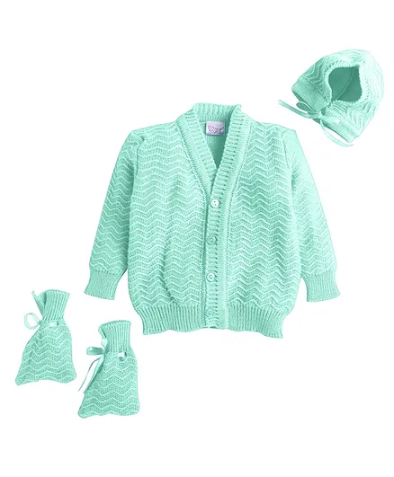 Little Angels Full Sleeves Self Design Front Open Sweater With Matching Cap And Socks - Green