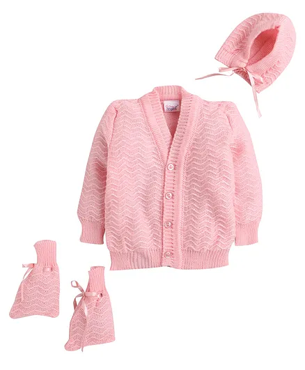Little Angels Full Sleeves Self Design Front Open Sweater With Matching Cap And Socks - Pink