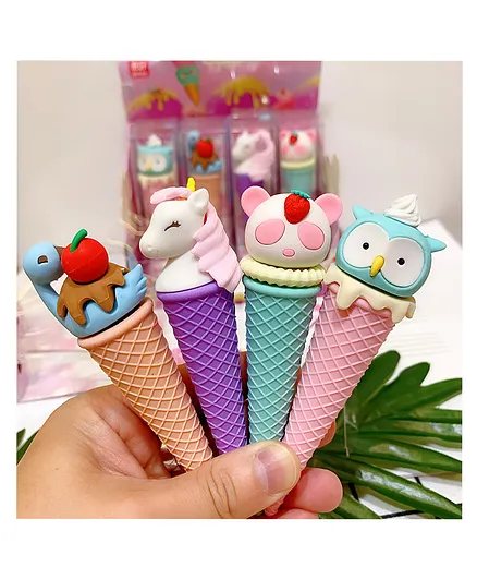 Crackles Ice Cream Cone Dessert Food Erasers Softy Fun Erasers Pack of 4 - (Colour And Design May Vary)