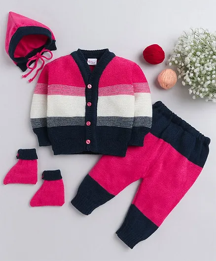 Little Angels Full Sleeves Striped Front Open  Sweater With Pant Cap And Socks - Fuchsia Pink Navy Blue