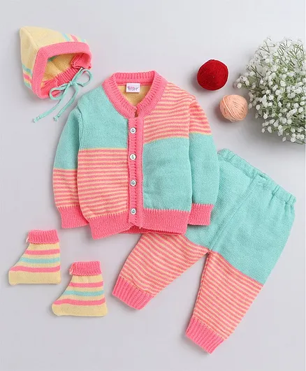 Little Angels Full Sleeves Striped Front Open  Sweater With Pant Cap And Socks -  Pink Green