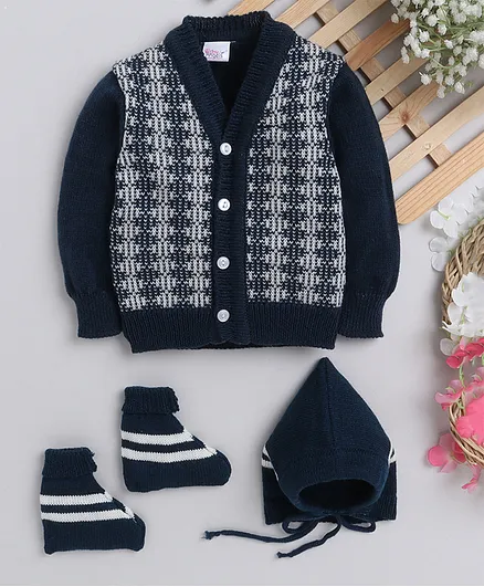 Little Angels Front Open Premium Knitted Geometric Style Sweater Set - Navy Blue