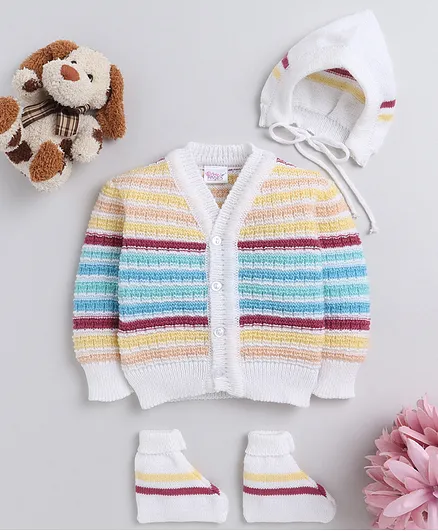 Little Angels Full Sleeves  Striped Design Front Open Sweater Set - Blue  & Yellow