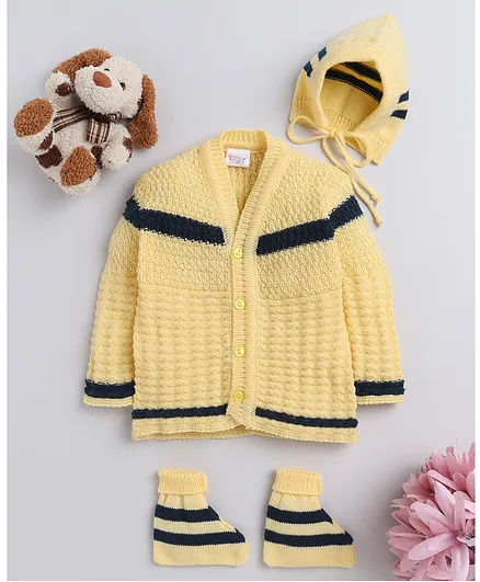 Little Angels Full Sleeves  Colour Blocked Front Open Sweater Set - Yellow &  Navy Blue