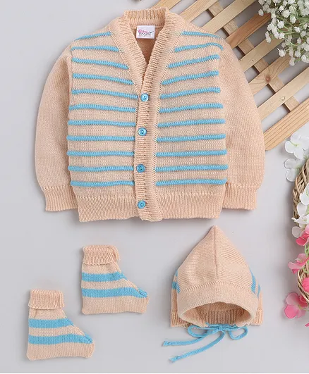 Little Angels Full Sleeves  Striped Design Front Open Sweater Set - Peach & Blue