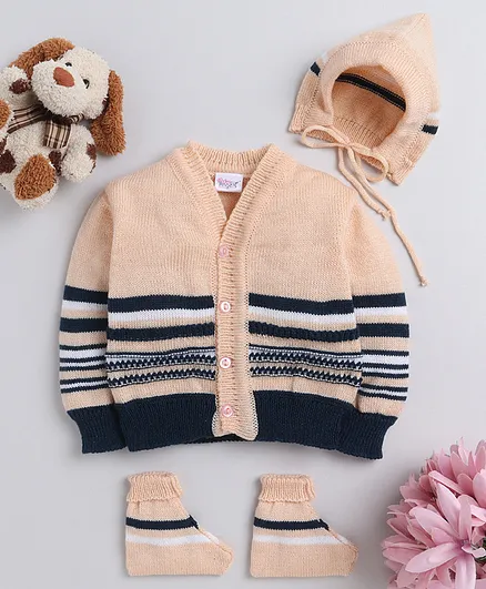 Little Angels Full Sleeves Striped And Design Detail Front Open Sweater With Cap And Pair Of Socks - Peach Navy Blue