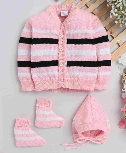 Little Angels Full Sleeves Striped Front Open Sweater With Cap And Pair Of Socks - Pink