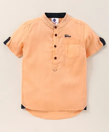 TONYBOY Half Sleeves Placement Embroidered Curved Hem Shirt - Light Orange