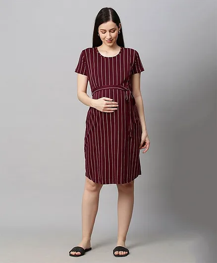 MomToBe Half Sleeves Pencil Striped Front Tie Up Maternity Dress - Maroon