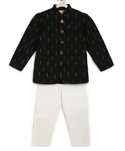 Charkhee Set Of 2 Full Sleeves Ikat Printed Kurta & Pajama - Black