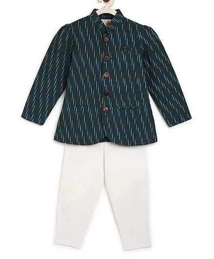 Charkhee Set Of 2 Full Sleeves Ikat Printed Kurta Style Coat & Pajama - Sea Blue