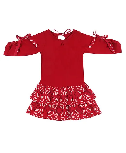 Charkhee Half Sleeves Double Frill Block Printed Dress - Red