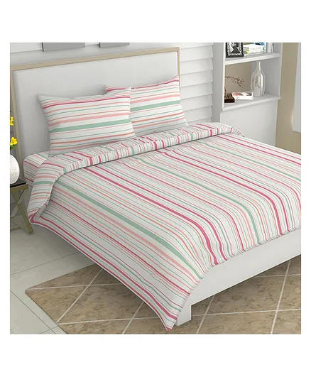 Haus & Kinder 100% Cotton Magical Stripes Bedsheet with 2 Pillow covers - Pink/Green