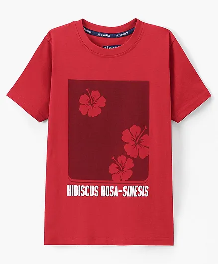 Pine Kids Cotton Half Sleeves T-Shirt Hibiscus Flower Print - Red