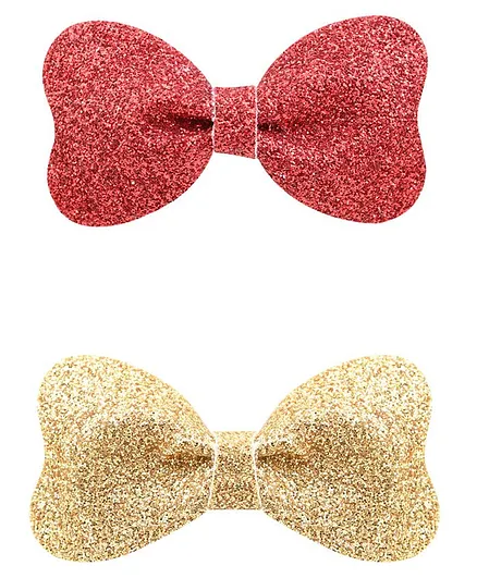 Aye Candy Set Of 2 Christmas Theme Glitter Embellished Bow Hair Clips - Red & Golden