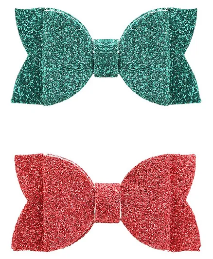 Aye Candy Set Of 2 Christmas Theme Glitter Embellished Layered Bow Hair Clips - Red & Green