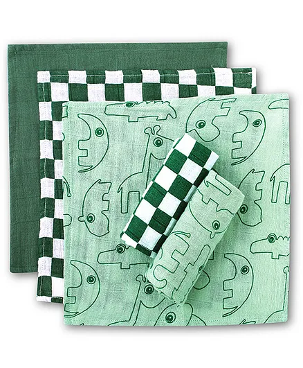 THEONI Organic Muslin Cotton Forest Friends Washcloths - Dark Green