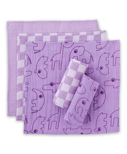 Theoni Organic Cotton Muslin Forest Friends Wipes Washcloths Pack of 5 - Purple