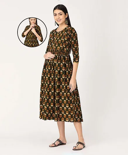 The Mom Store Full Sleeves Floral Print Maternity And Nursing Dress - Olive Green