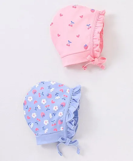 Babyhug Cotton Caps Floral Print Pack of 2 - Blue & Pink
