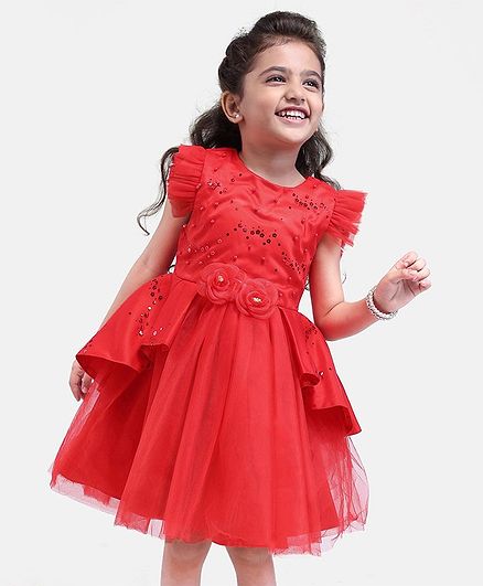 Mark & Mia Cotton Frill Sleeves Party Frock Floral Sequin Embellished & Applique - Red