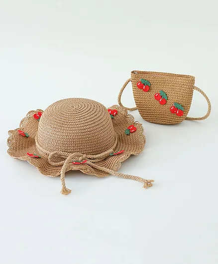 Babyhug Crochet Cherry Applique Straw Hat With String Bow & Purse  Brown - Diameter 17.5 cm