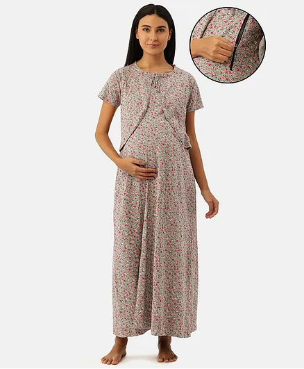 Nejo 100% Cotton Half Sleeves Floral Printed Concealed Zipper Detail Maternity  Night Dress - Grey