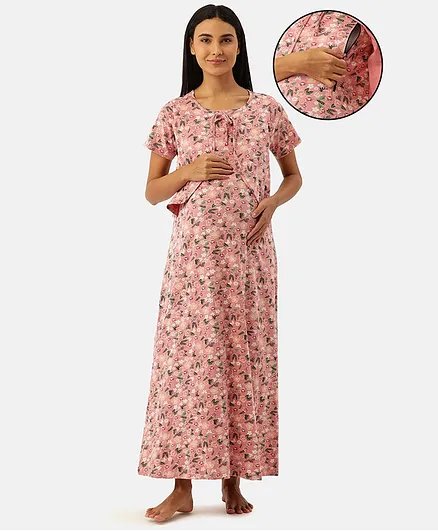 Nejo 100% Cotton Half Sleeves Floral Printed Concealed Zipper Detail Maternity  Night Dress- Pink