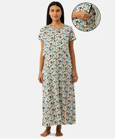 Nejo 100% Cotton Half Sleeves Geometric Print Concealed Zipper Detail Maternity  Night Dress - Cream