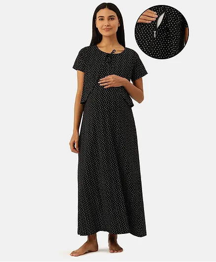 Nejo 100% Cotton Half Sleeves Dots Printed Concealed Zipper Detail Maternity  Night Dress - Black