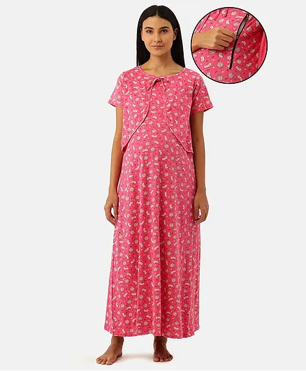 Nejo 100% Cotton Half Sleeves Clock Printed Concealed Zipper Detail Maternity  Night Dress - Pink