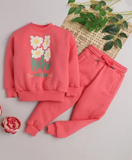 Knitting Doodles Fleece Full Sleeves You Grow Girl & Flower Printed Sweatshirt With Joggers - Pink