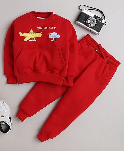 Knitting Doodles Full Sleeves Aeroplane With Cloud Printed Fleece Sweatshirt & Joggers Set - Red
