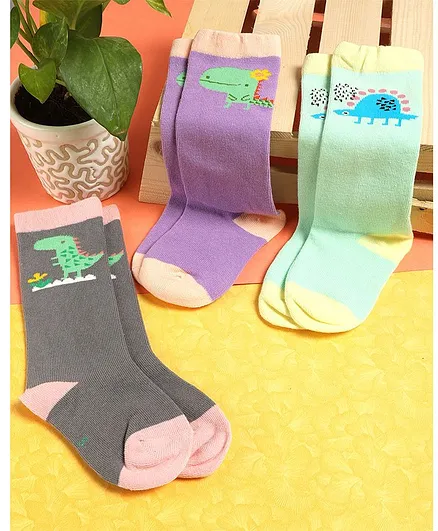 PASSION PETALS Pack Of 3 Dinosaur Design Detailed Socks - Purple & Grey