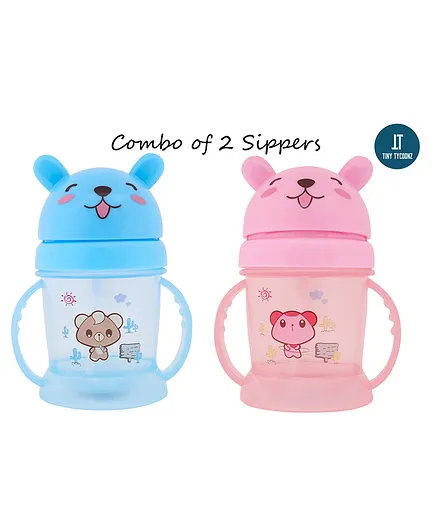 Tiny Tycoonz Cartoon Theme Sipper Cups with Straw and Handle Pack of 2 Blue Pink - 300 ml each