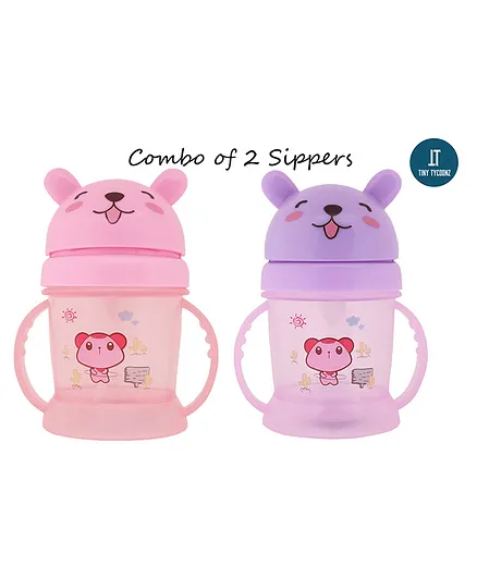 Tiny Tycoonz Cartoon Theme Sipper Cups with Straw and Handle Pack of 2 Pink Purple - 300 ml each